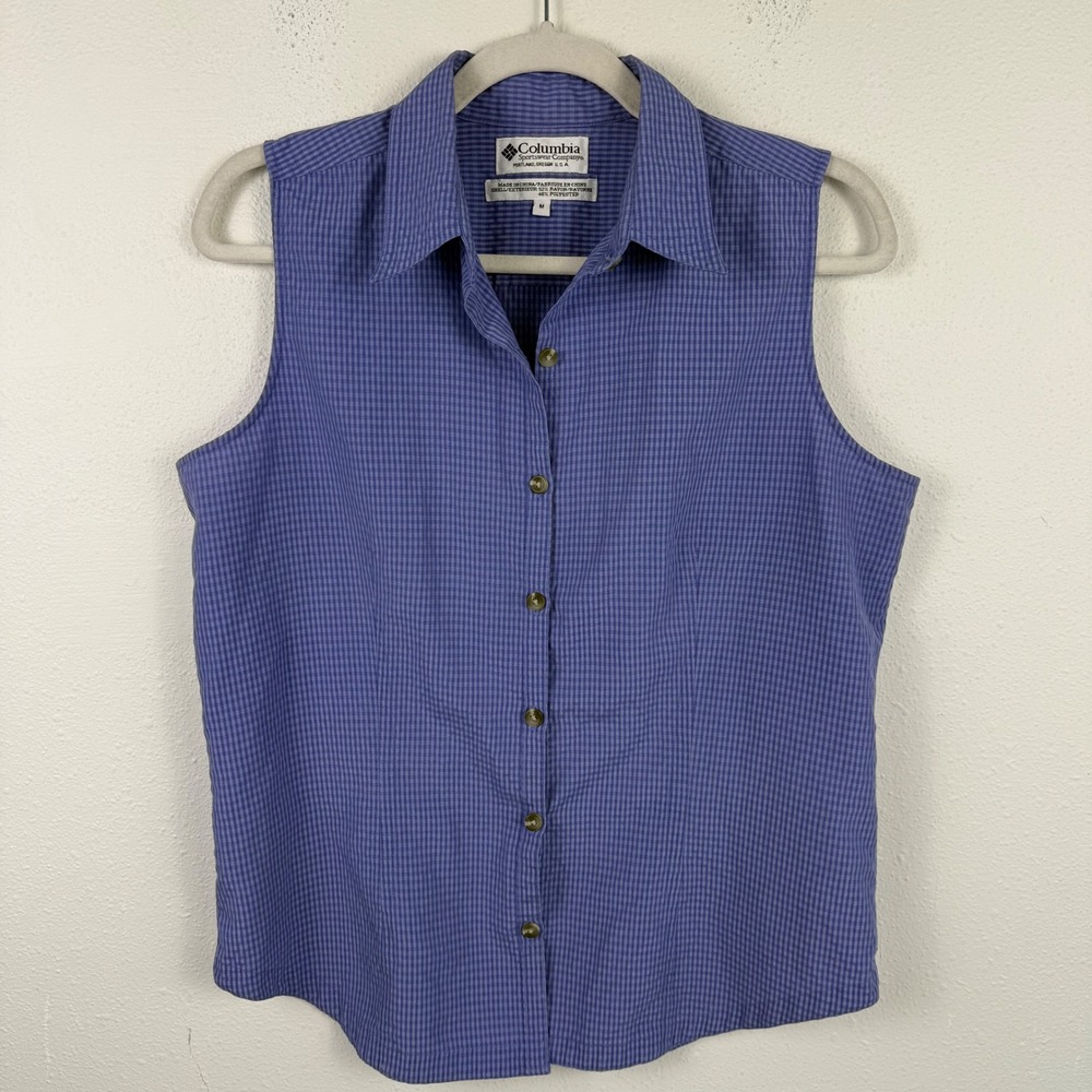 Columbia Womens Purple Gingham Sleeveless Button Down Hiking Shirt Size‎ M